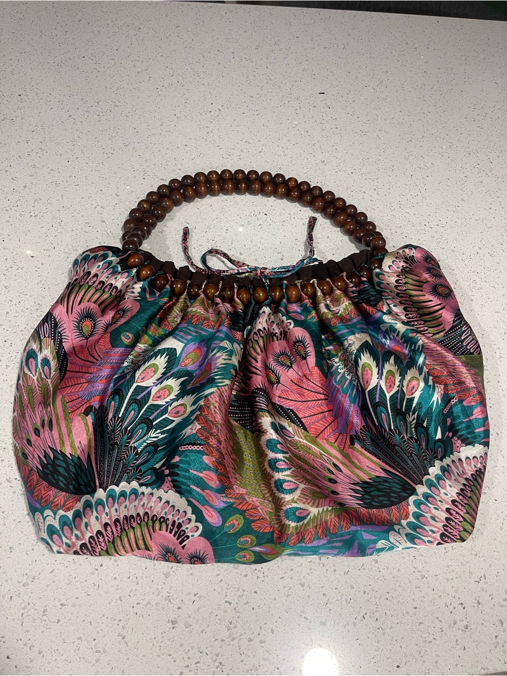 Bohemian Pink & Teal Peacock Print Beaded Handle slouch Handbag